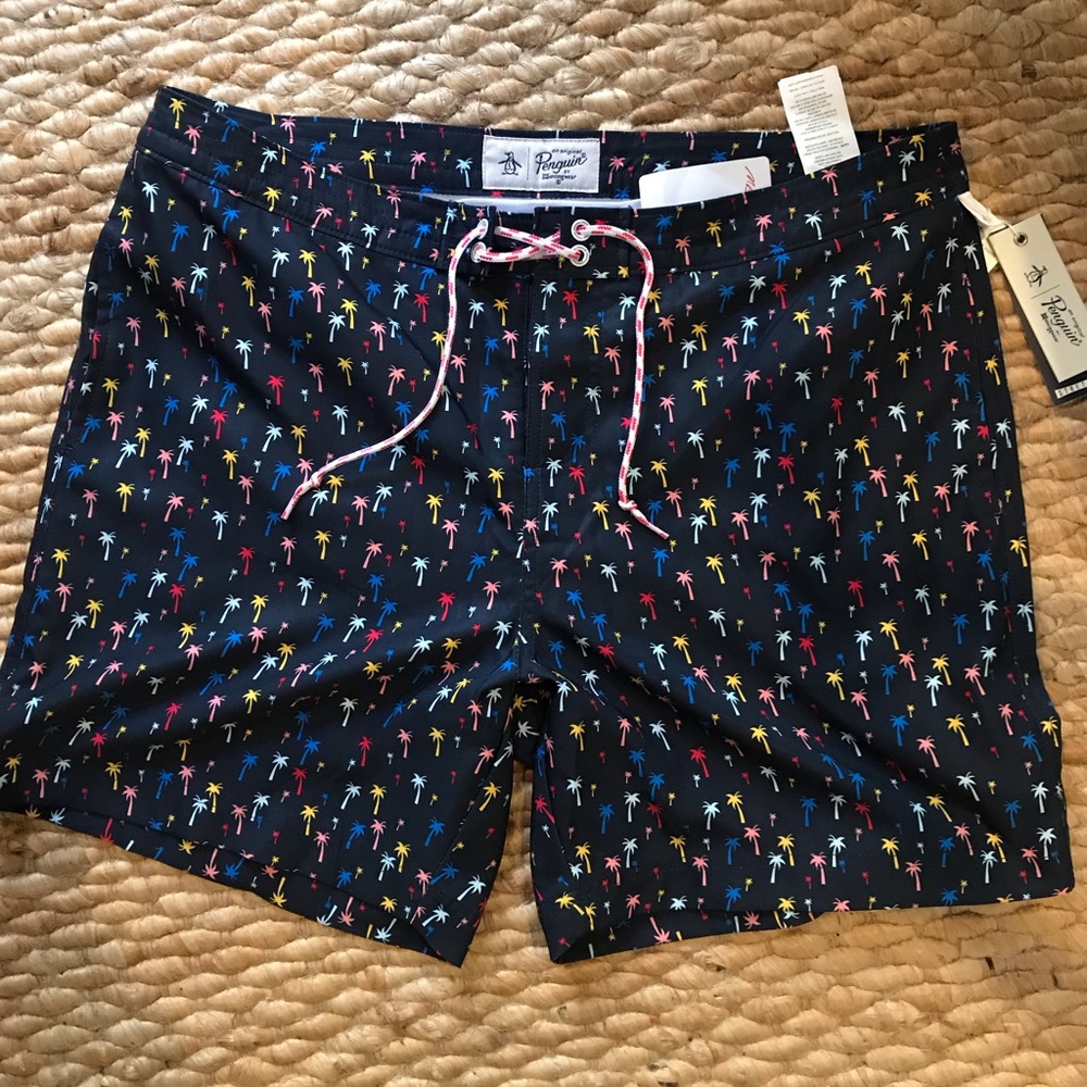 Original Penguin navy palm tree swim trunks